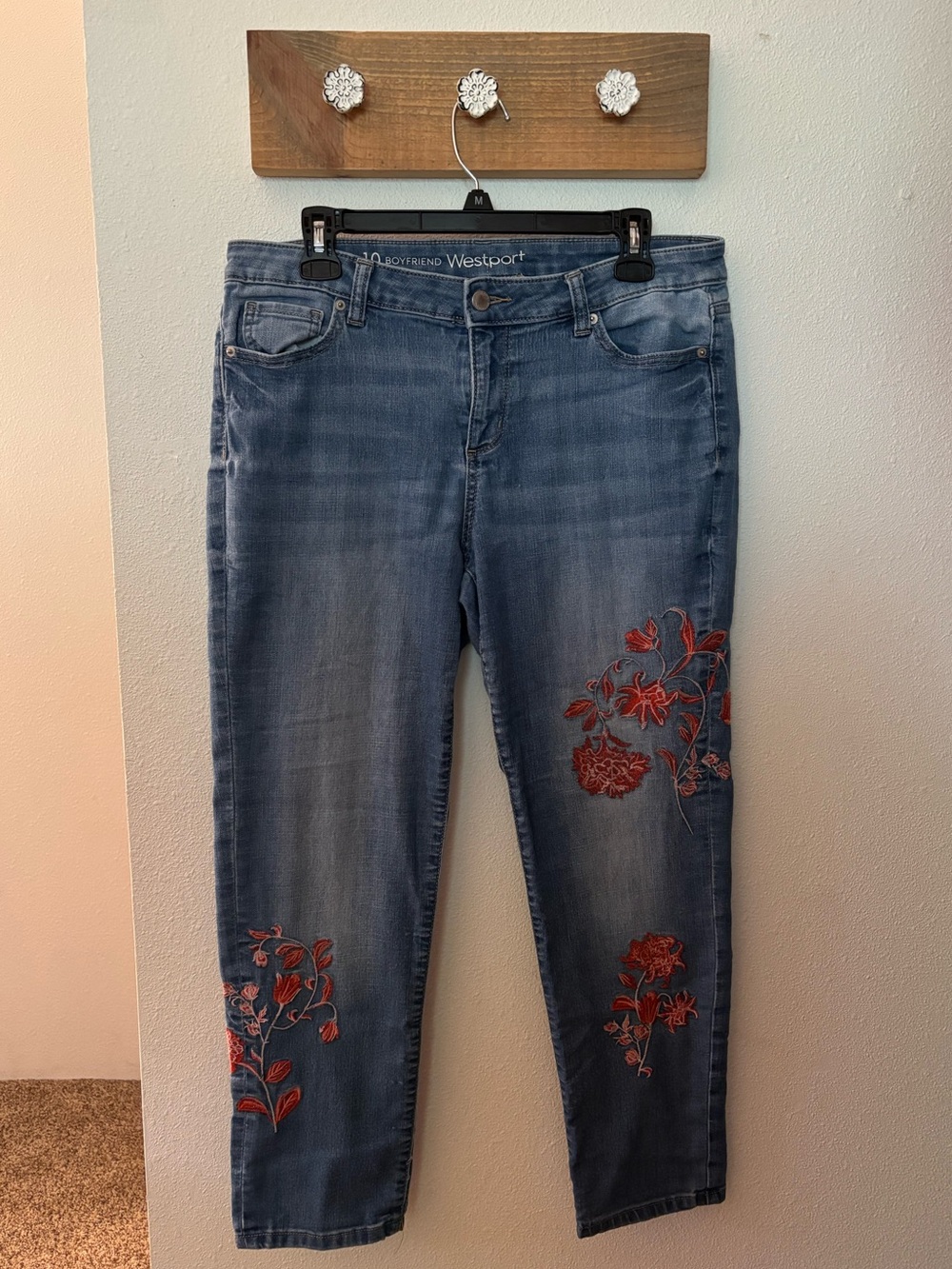 Westport Blue Boyfriend Jeans with Red Floral Embroidery